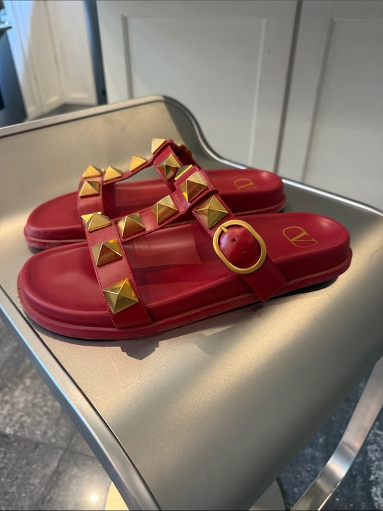 Valentino Shoes - Valentino Rockstud Leather Roman Red Slide Sandals